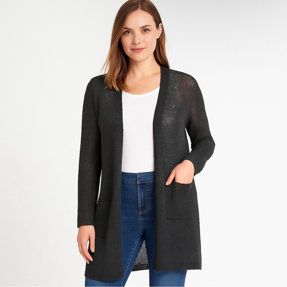 J Jill Cardigan Women’s Size M Black Midi Long Duster Sweater Lightweight Linen